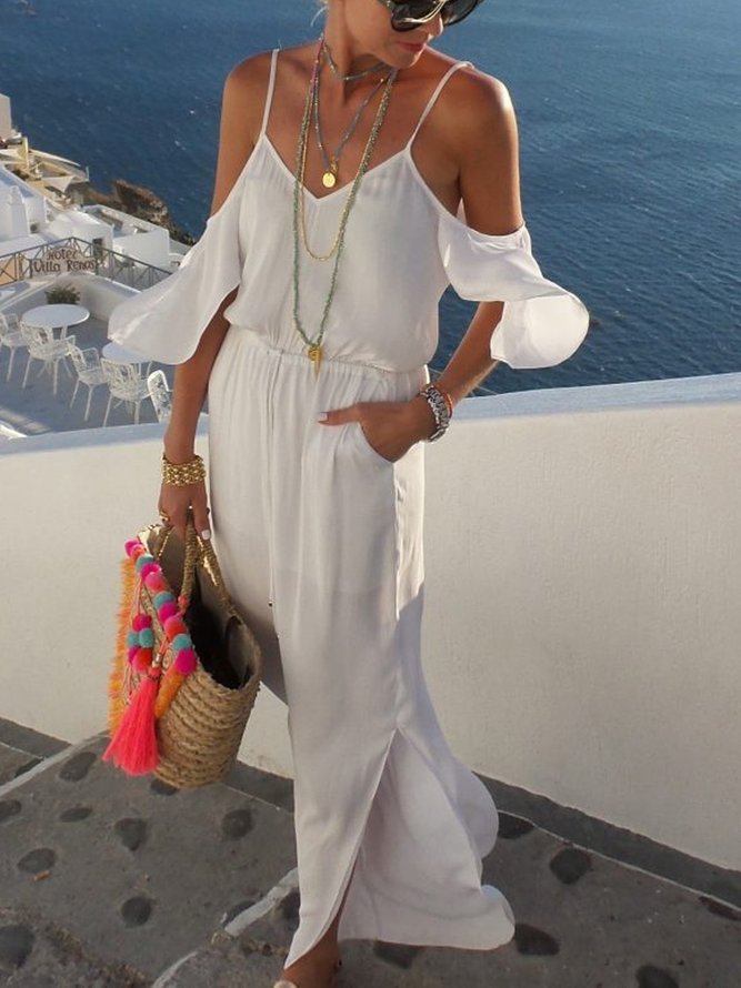 White Off Shoulder Holiday Cotton-Blend Women Dress