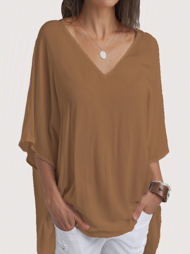 Women Casual Plain V Neck Short Sleeve Tunic Top