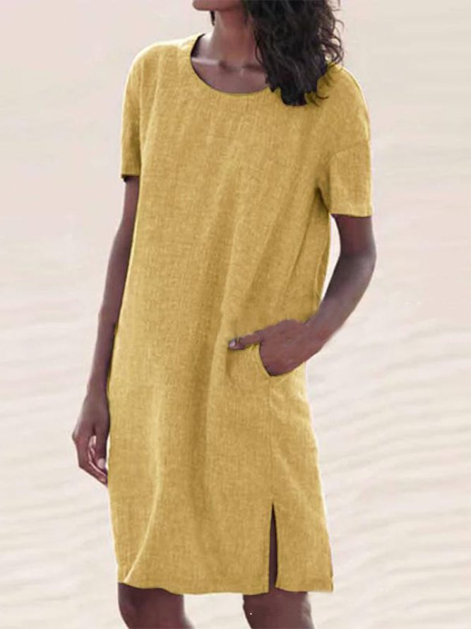 Women Casual Short Sleeve Pockets Daily Crew Neck Cotton Linen Sundress