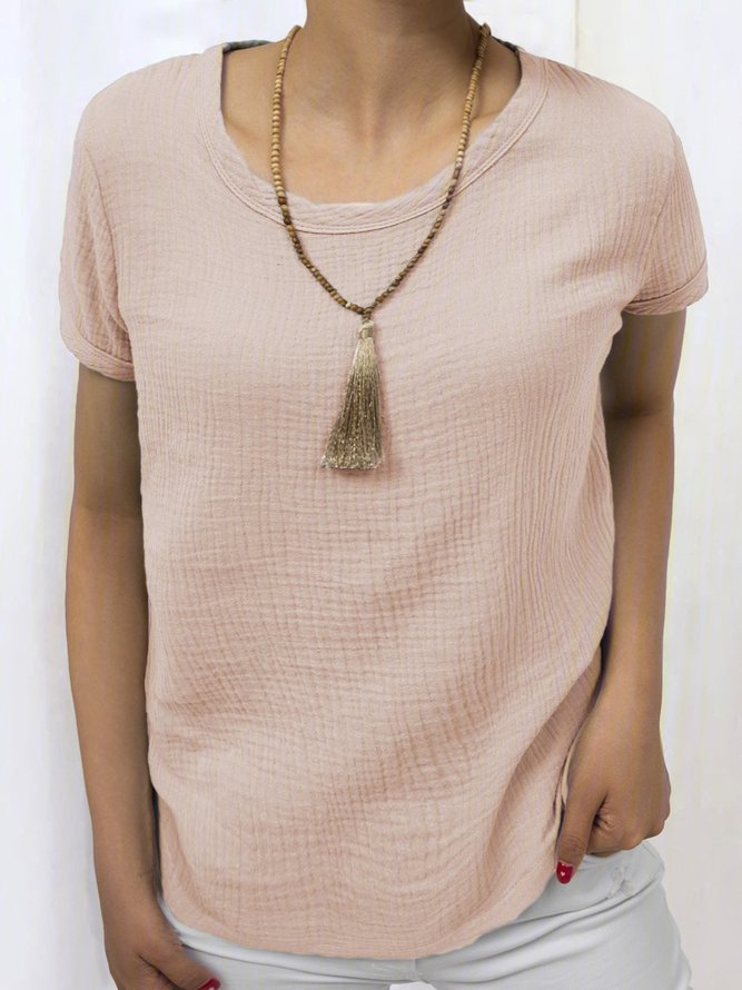 Casual Crew Neck Short Sleeve Linen Shirt