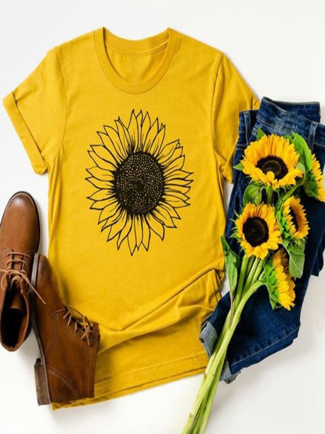 Vintage Short Sleeve Sunflower Printed Plus Size Casual Top