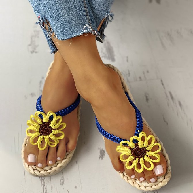Summer Sunflower Design Toe Post Flat Slipper Beach Sandals roselinlin