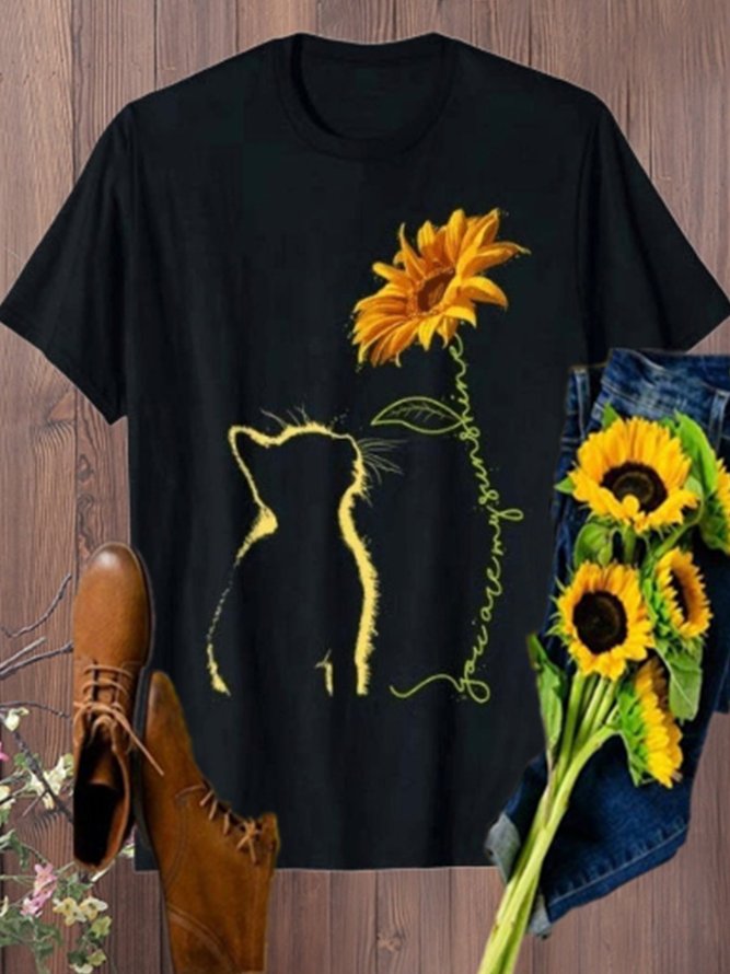 Vintage Cat And Sunflower Printed Short Sleeve Casual Top