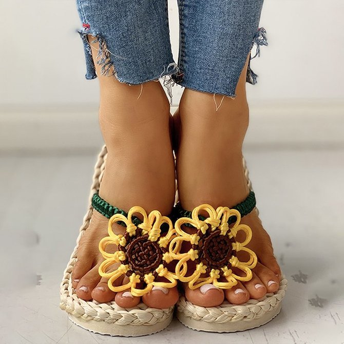 Summer Sunflower Design Toe Post Flat Slipper Beach Sandals roselinlin