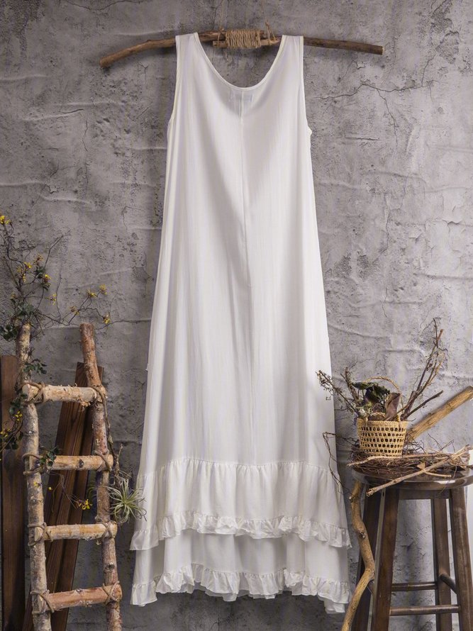 Women White Casual Round Neck Weaving Dress
