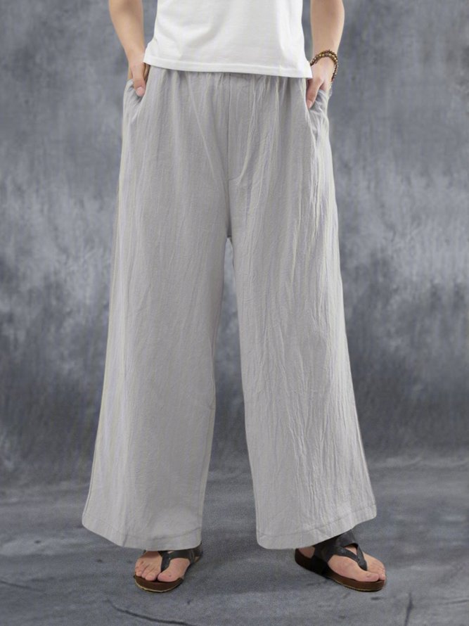 Women Casual Solid Pockets Cotton and Linen Wide Leg Pants