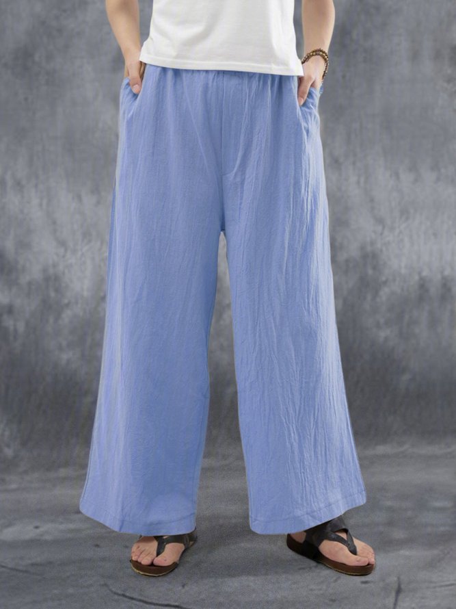 Women Casual Solid Pockets Cotton and Linen Wide Leg Pants