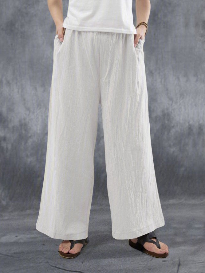 Women Casual Solid Pockets Cotton and Linen Wide Leg Pants