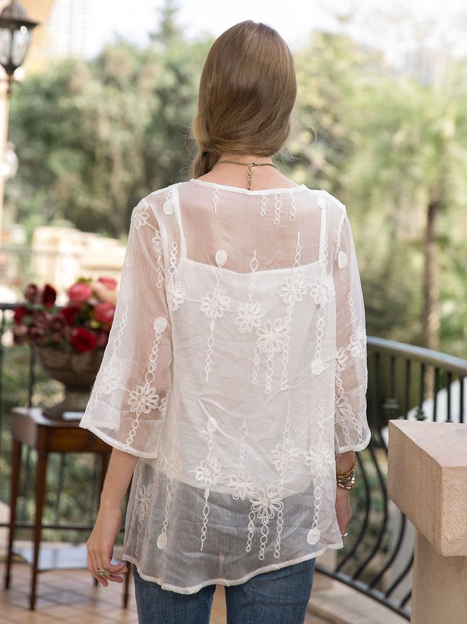 Women Bell Sleeve Floral Tulle Plain Top