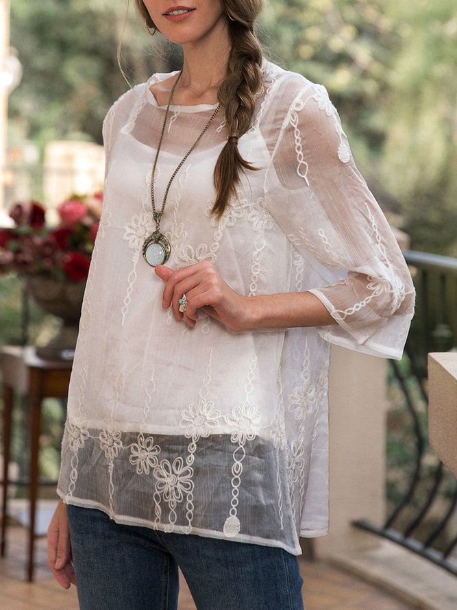 Women Bell Sleeve Floral Tulle Plain Top