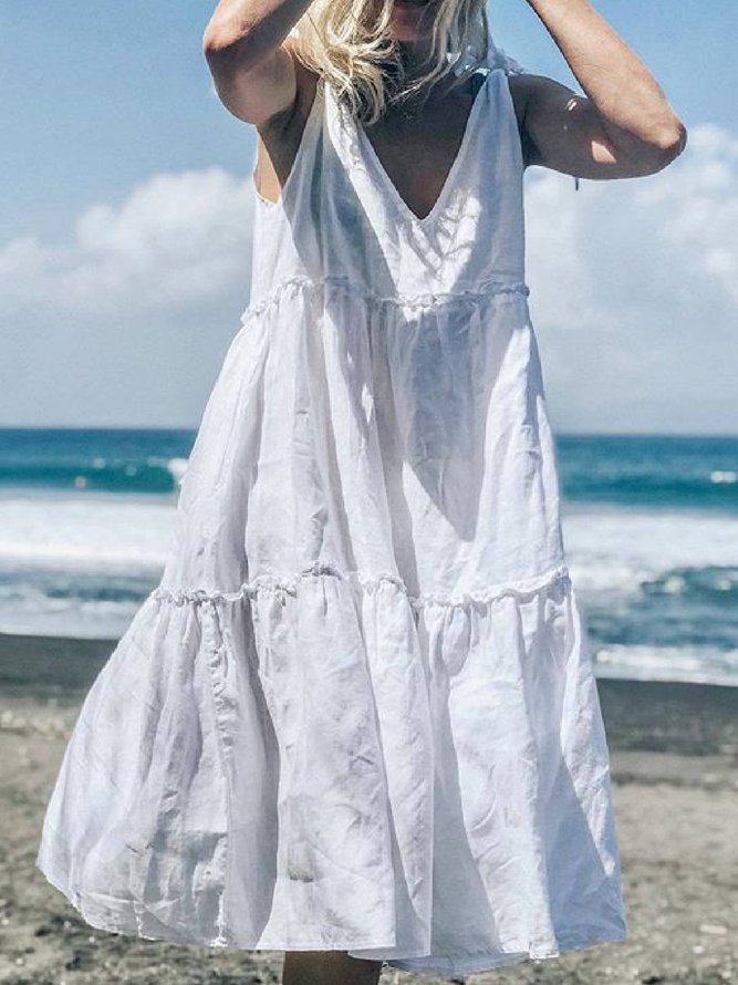 White Women Casual Cotton V Neck Summer Dress