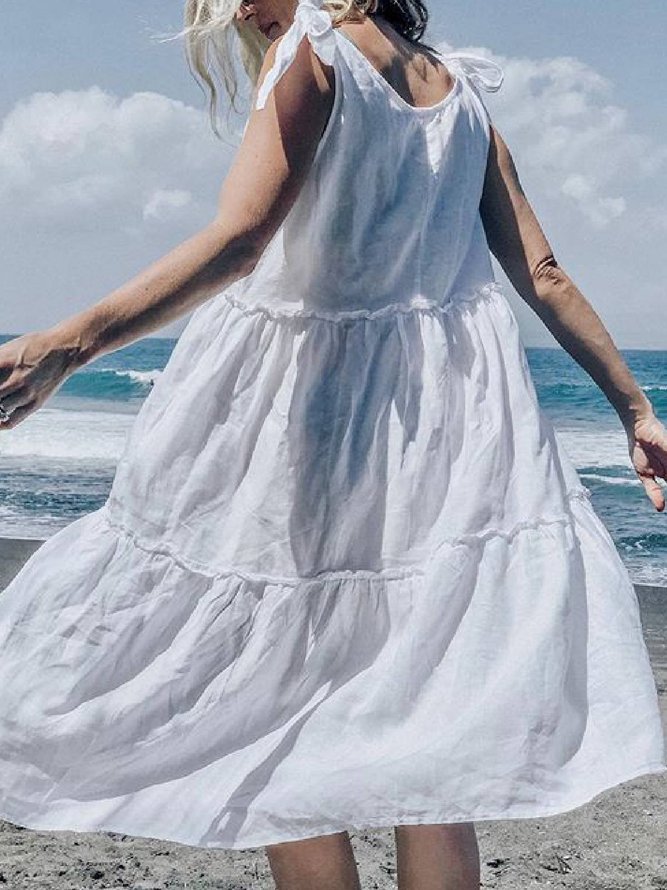 White Women Casual Cotton V Neck Summer Dress
