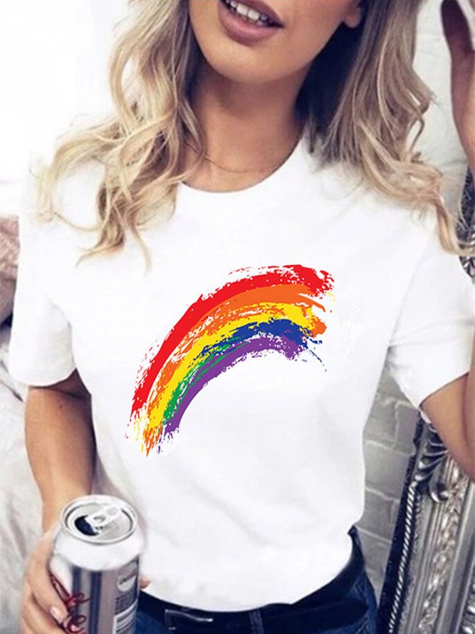 Women White Summer Rainbow Printed Short Sleeve Casual Top