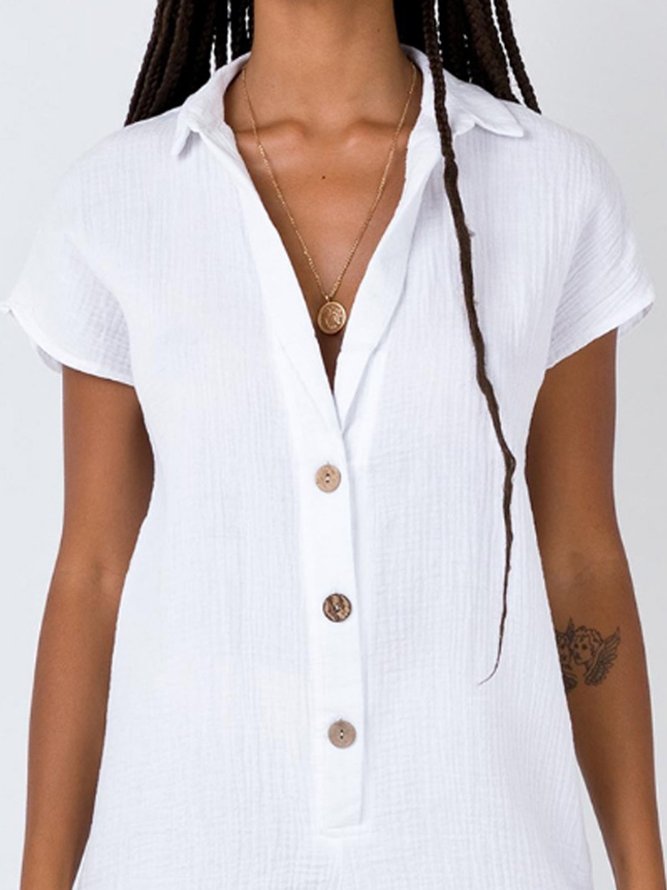 Plus Size Short Sleeve Shirt Collar Jumpsuit & Romper