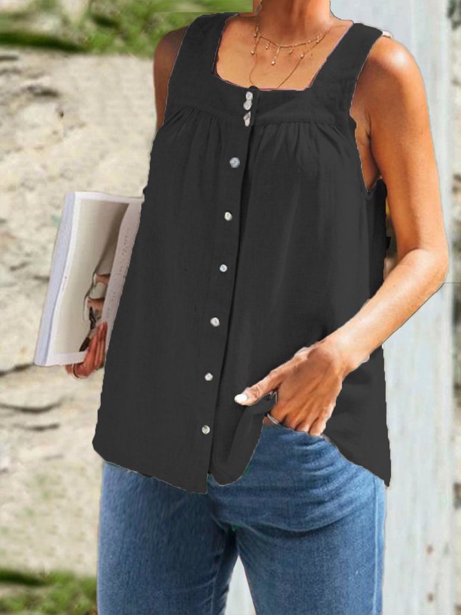 Cotton Casual Solid Sleeveless Tops