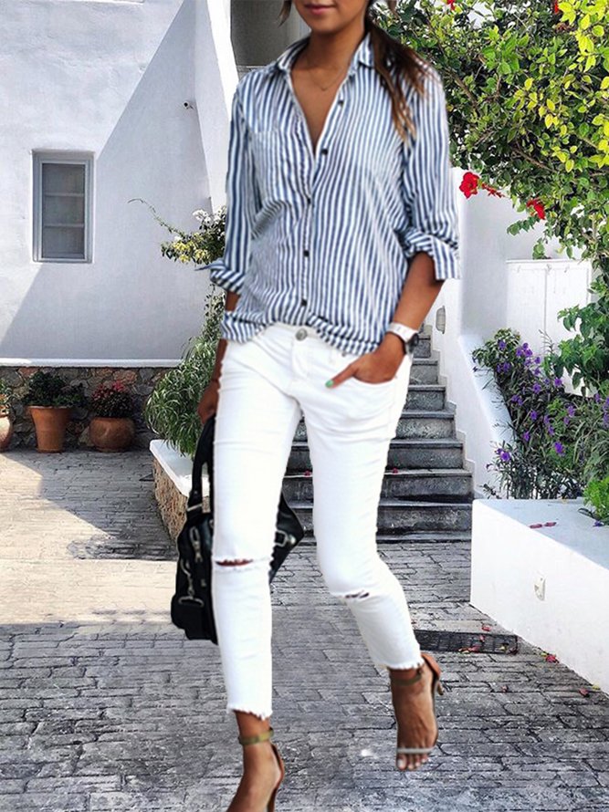 Shirt Collar Buttoned Long Sleeve Stripes Casual Shirt