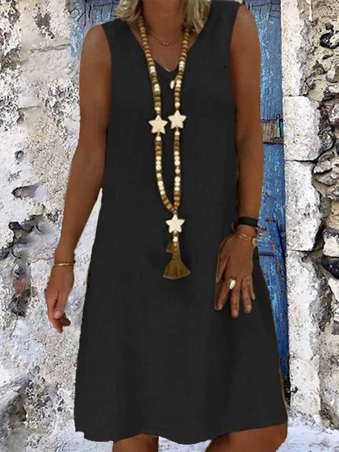Women Plain Casual Loose V Neck Sleeveless Tank Dress