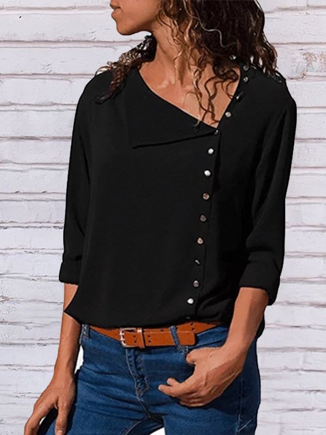 Shift Long Sleeve Casual Solid Buttoned Blouse