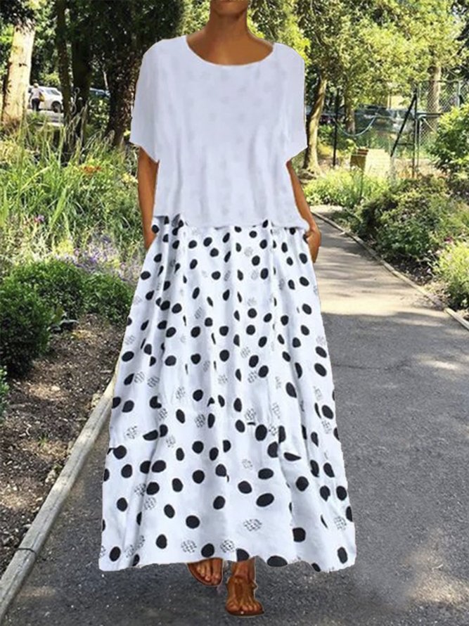 Women Dot-Intarsia Short Sleeve Two Pieces Maxi Dress