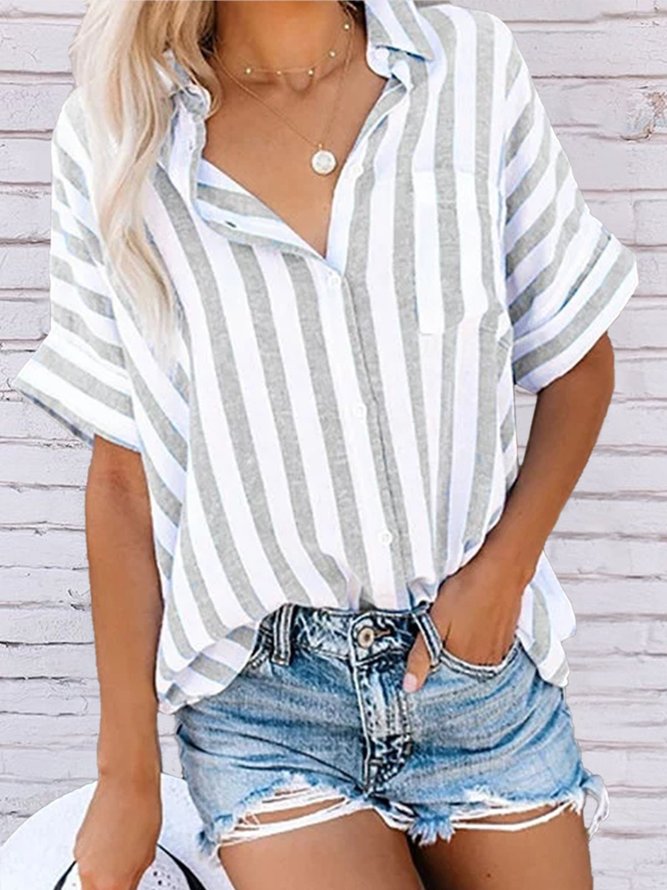 Cotton Buttoned Short Sleeve Striped Top