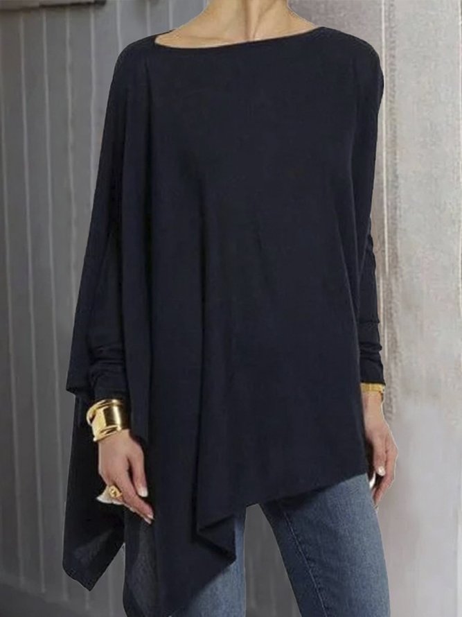 Women Solid High Low Round Neck Long Sleeve Shift Blouse&Shirt