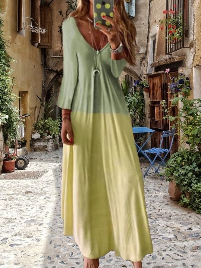 Graphic Printed Casual V-neck Long Sleeve Maxi Dress