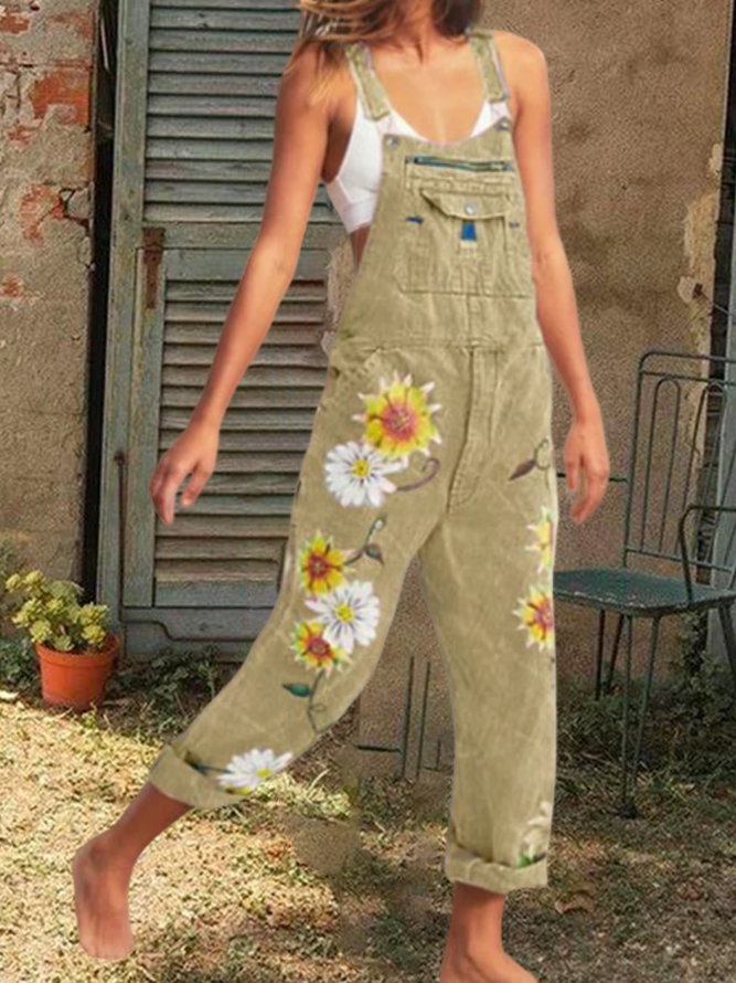 Sleeveless Denim Floral Floral-Print One-Pieces Jumpsuit Overalls