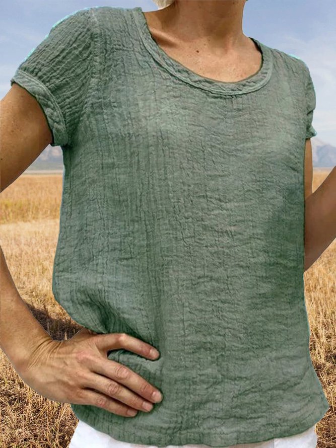 Casual Crew Neck Short Sleeve Linen Shirt