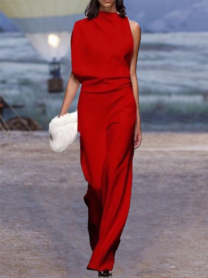 Women Commuting Asymmetry Sleeve Solid Jumpsuits & Romper Jumpsuits