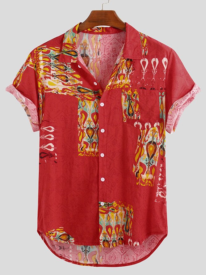 Men's Summer Ethnic Printed Chest Pocket Turn Down Collar Short Sleeve ...