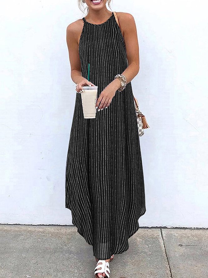Summer Sleeveless Striped Halter Holiday Long Maxi Weaving Dress