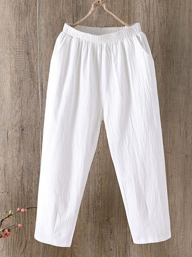  Women Solid Pockets Elastic Waist Casual Linen Pants