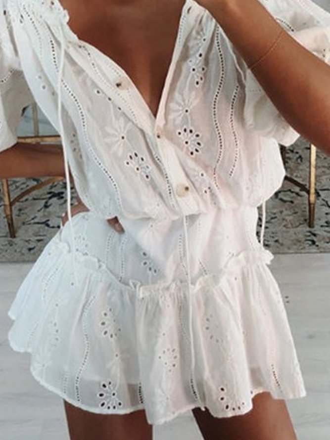 White Cotton Casual V Neck Cutout Weaving Dress | roselinlin