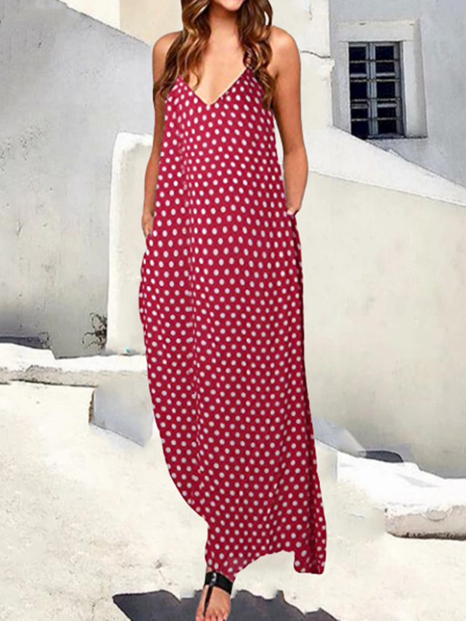 Polka Dots Casual V-neck Sleeveless Pockets Maxi Dress Vacation Summer Tank Dress