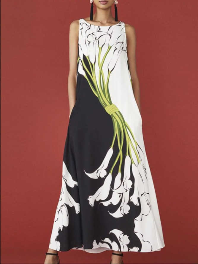 Black Crew Neck Sleeveless Floral-Print Casual Weaving Dress