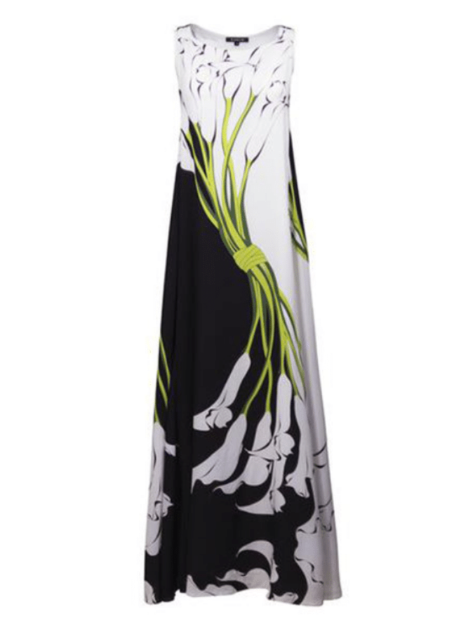 Black Crew Neck Sleeveless Floral-Print Casual Weaving Dress