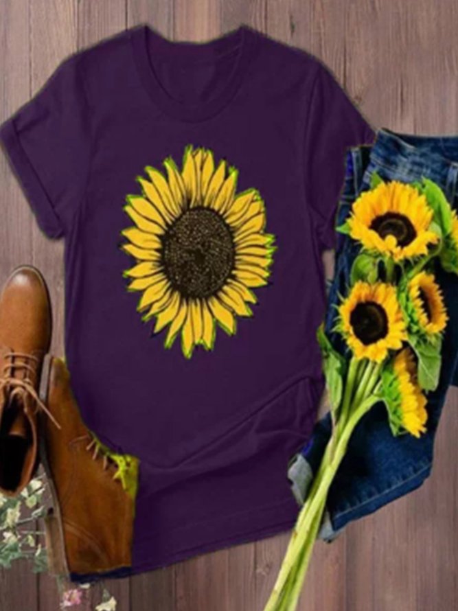 Vintage Short Sleeve Sunflower Printed Plus Size Casual Top