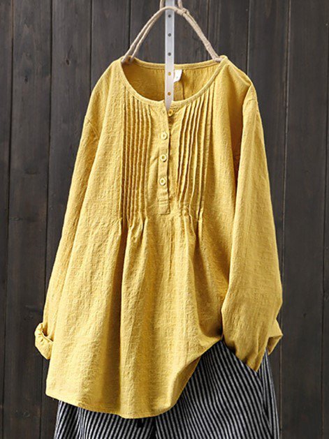 Casual Solid Cotton Long Sleeve  Blouse