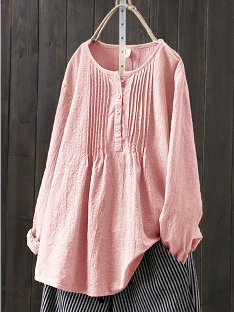 Casual Solid Cotton Long Sleeve  Blouse