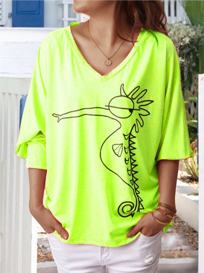 3/4 Sleeve V Neck Casual Seahorse Top