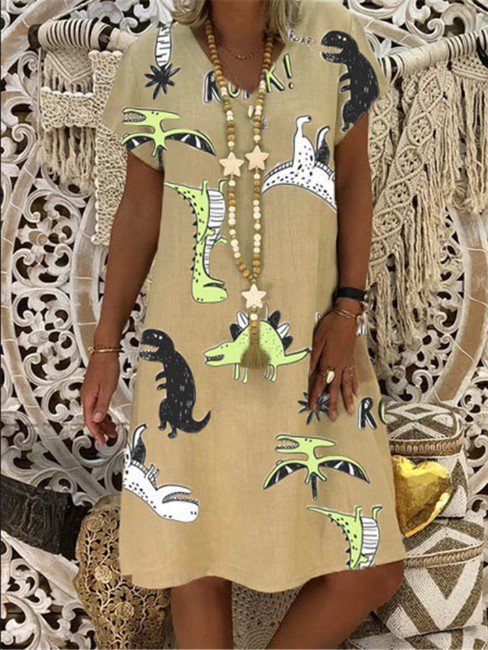 V Neck Animal Printed Short Sleeve Weaving Dress