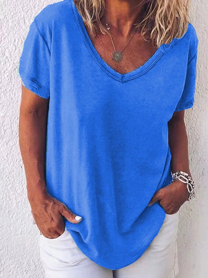 Women Casual Solid Plus Size Loosen V Neck Short Sleeve Summer T-shirt