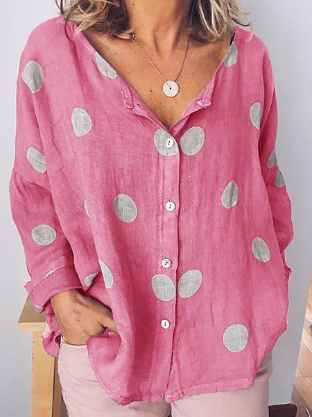 Casual Polka Dots Buttoned Plus Size V Neck Long Sleeve Blouse