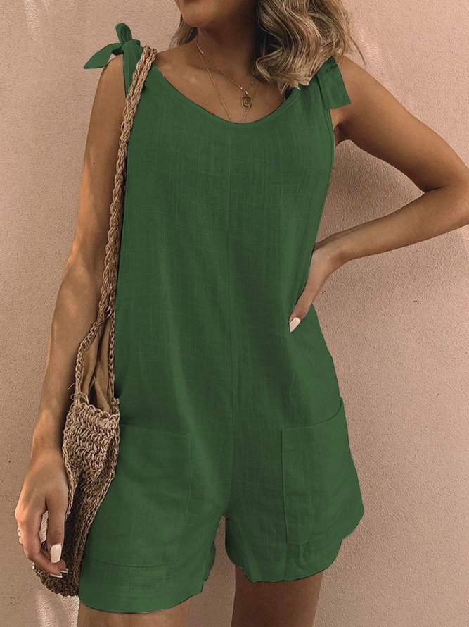 Pockets Sleeveless Casual Linen Rompers
