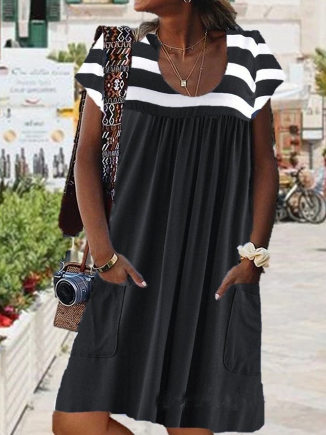 Women Short Sleeve U-neck Midi Dress with Pockets