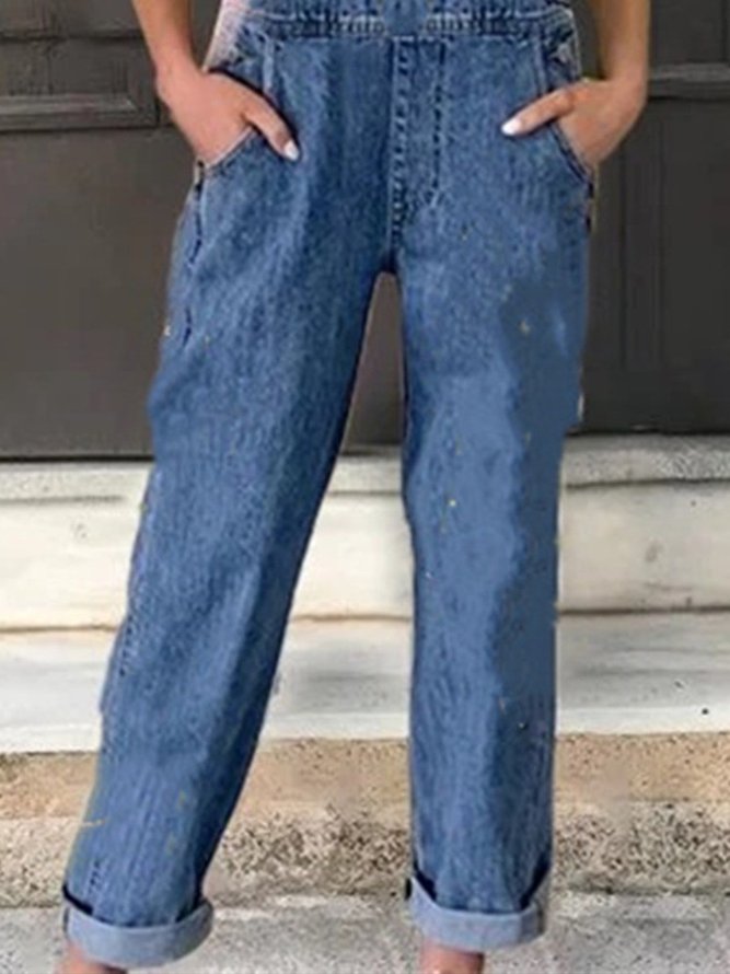 Denmin Blue Casual Sleeveless Buttoned Pockets Jumpsuits