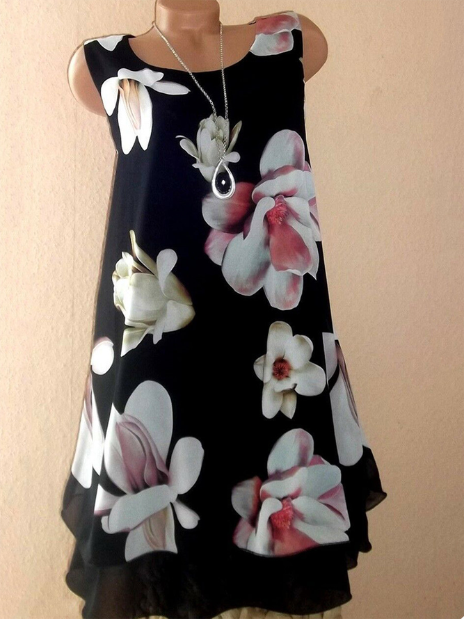 Women Casual Daily Crew Neck Sleeveless Floral-Print Comfy Dress