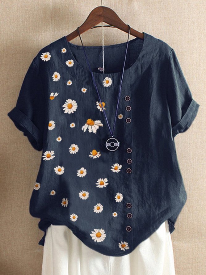 Navy Blue Casual Floral-print Floral T-shirt