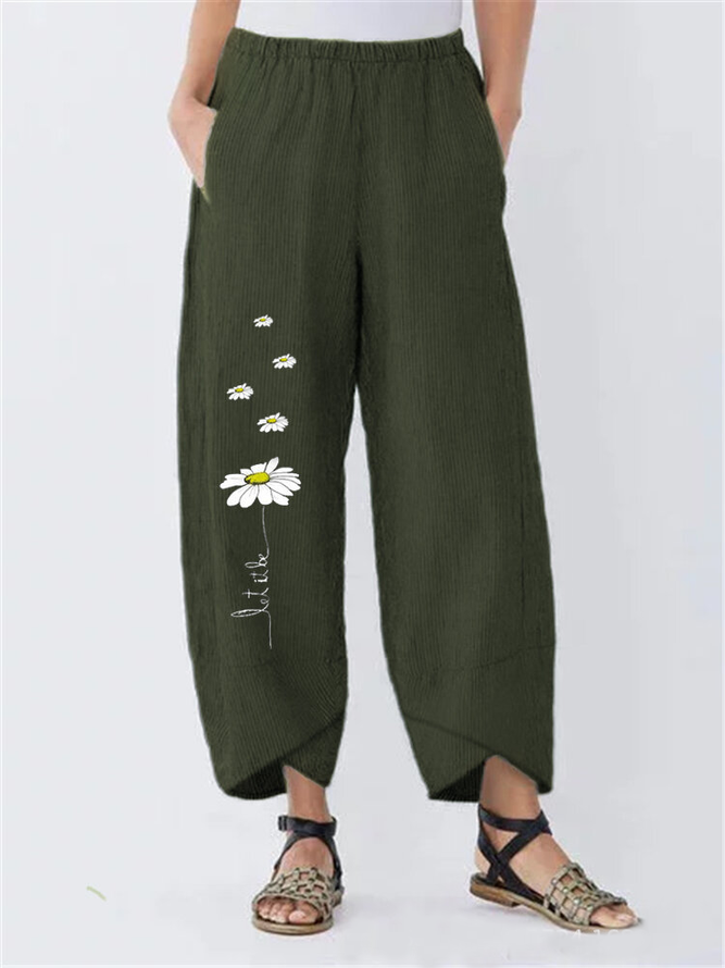 Floral-Print Pockets Casual Pants Trousers