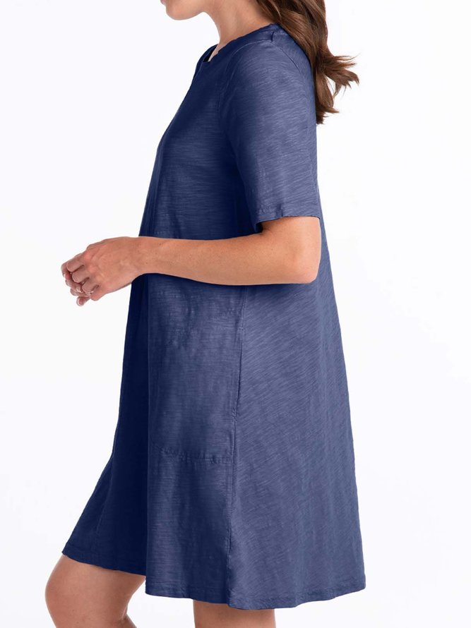 Solid Pockets Mini Dress Summer Short Sleeve Weaving Dress